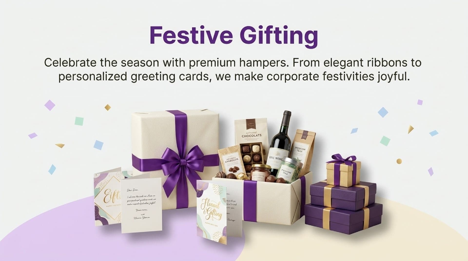 Festive corporate hamper with ribboned gift boxes and greeting cards