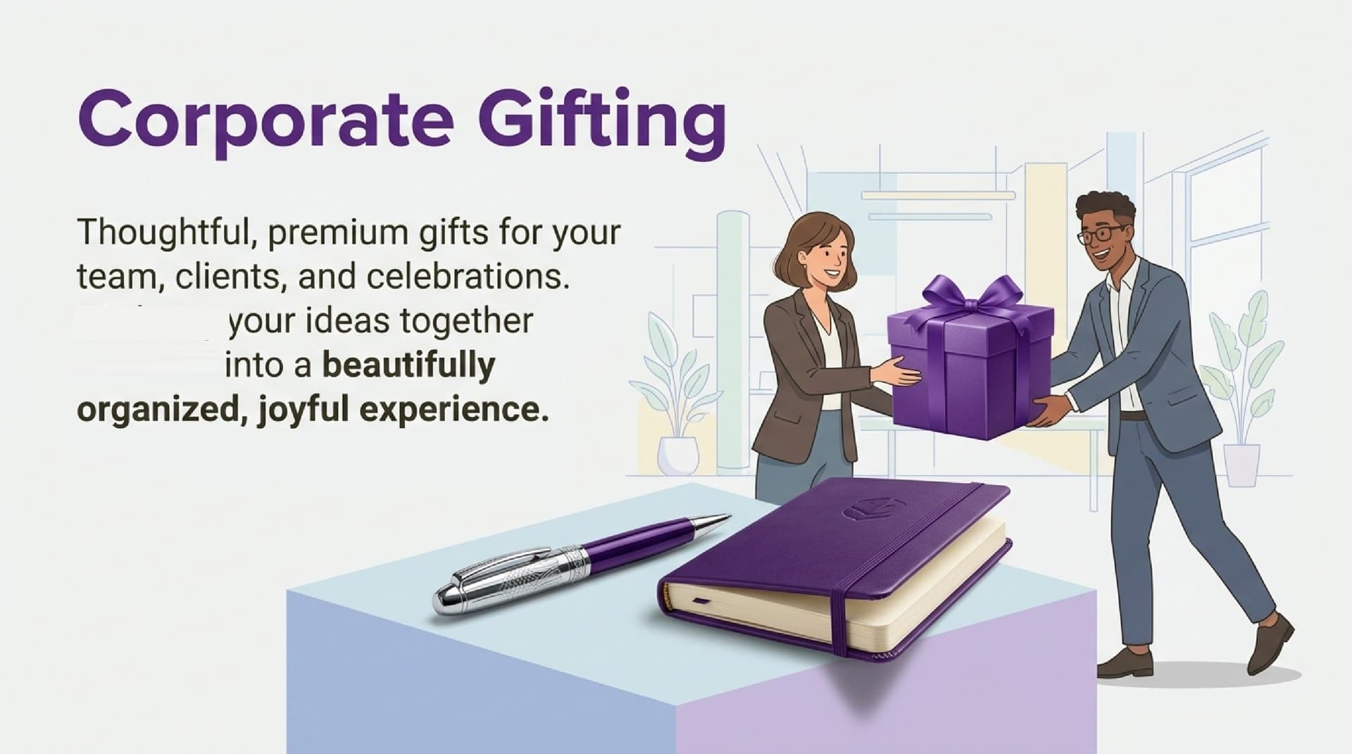 Corporate gifts — pen, notebook, and gift exchange illustration